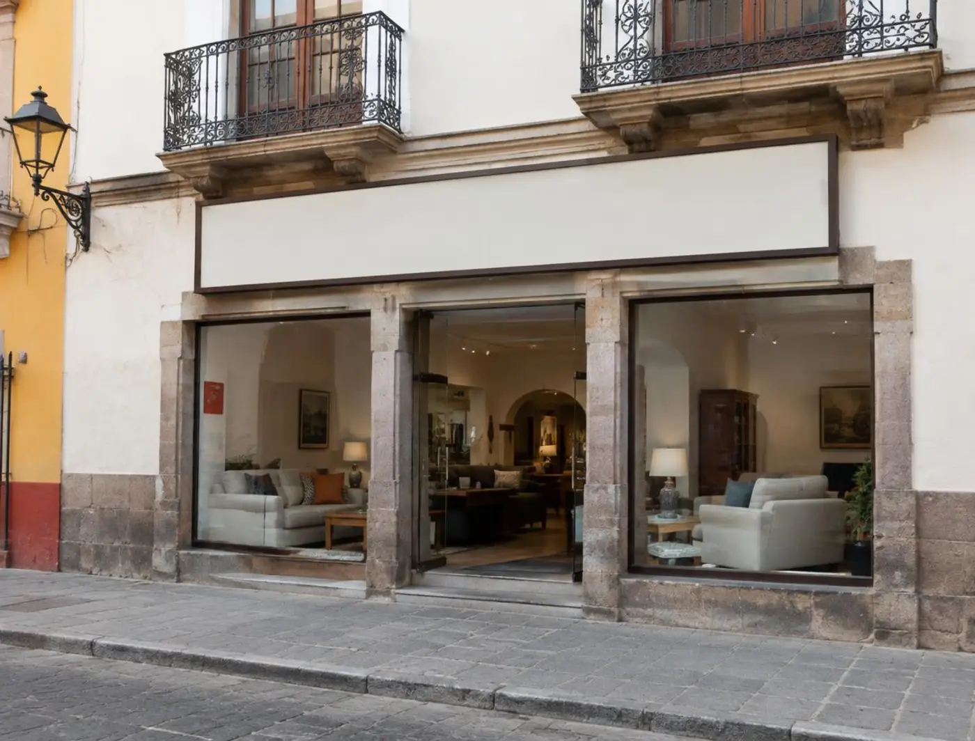 Fachada ilustrativa de una mueblería en el centro de una ciudad mexicana